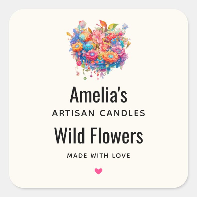 Flower Bouquet Orange & Blue Boho Candle Business Square Sticker (Front)