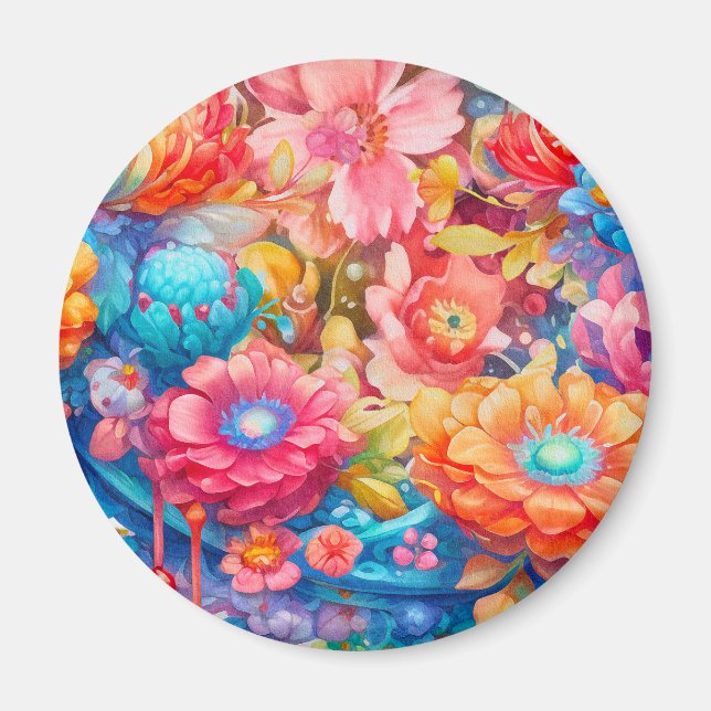 Flower Bouquet Orange & Blue Boho Magnet (Front)