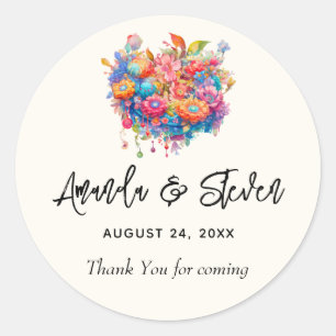 Flower Bouquet Orange & Blue Wedding Thank You Classic Round Sticker