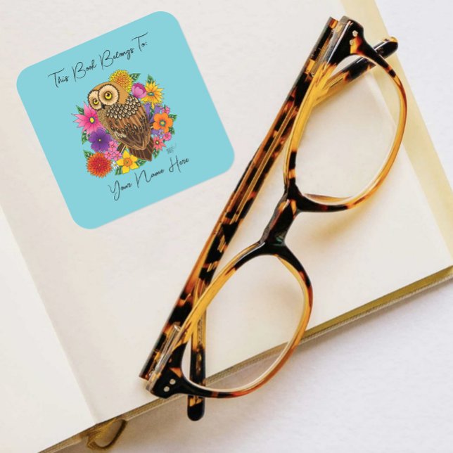 Flower Bouquet Owl Bookplate Square Sticker (Creator Uploaded)