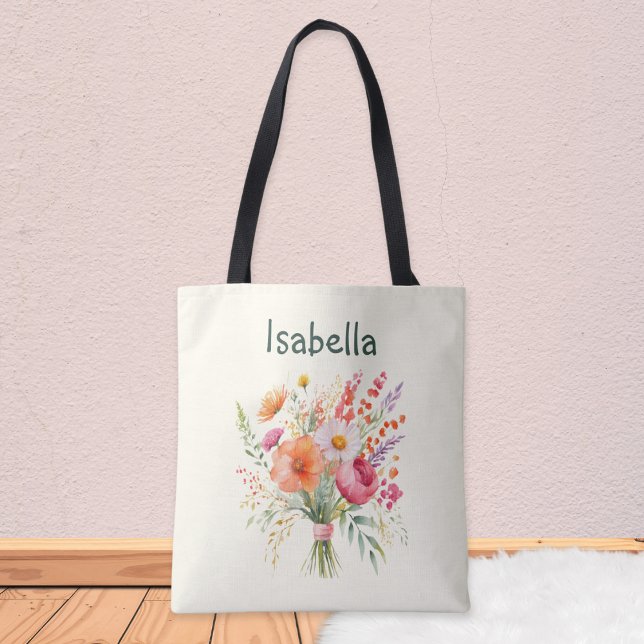 Flower Bouquet Pretty Floral Elegant Personalised Tote Bag (A pretty, personalized tote bag in pale cream, with picture of a summer floral bouquet)