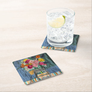 flower bouquet spring flowers square paper coaster