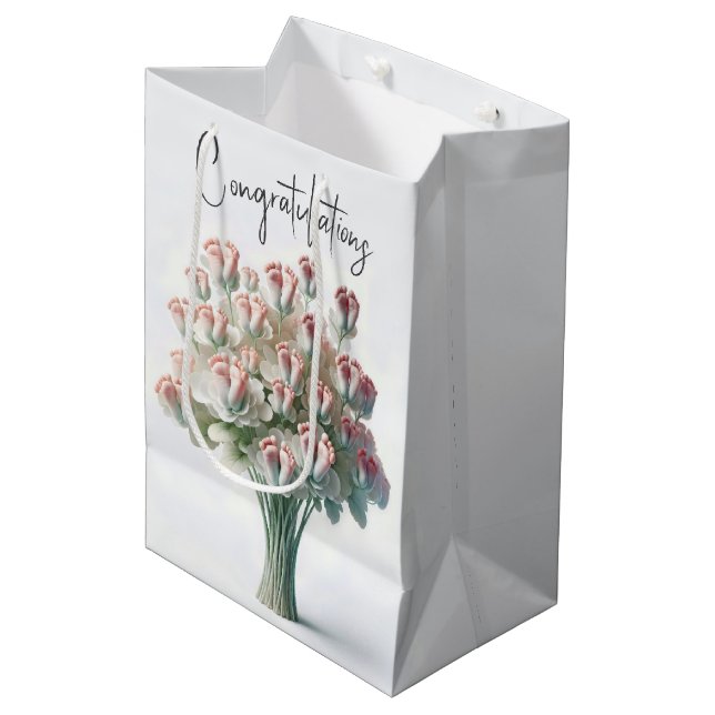 Flower Bouquet With Pink Baby Feet Medium Gift Bag (Front Angled)