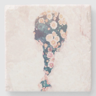 Flower Braid Pastel Pink White Square marble Stone Coaster