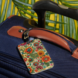 Flower brown purple orange cottagecore Pattern  Luggage Tag
