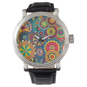 Flower Bursts Vintage Leather Strap Black Watch