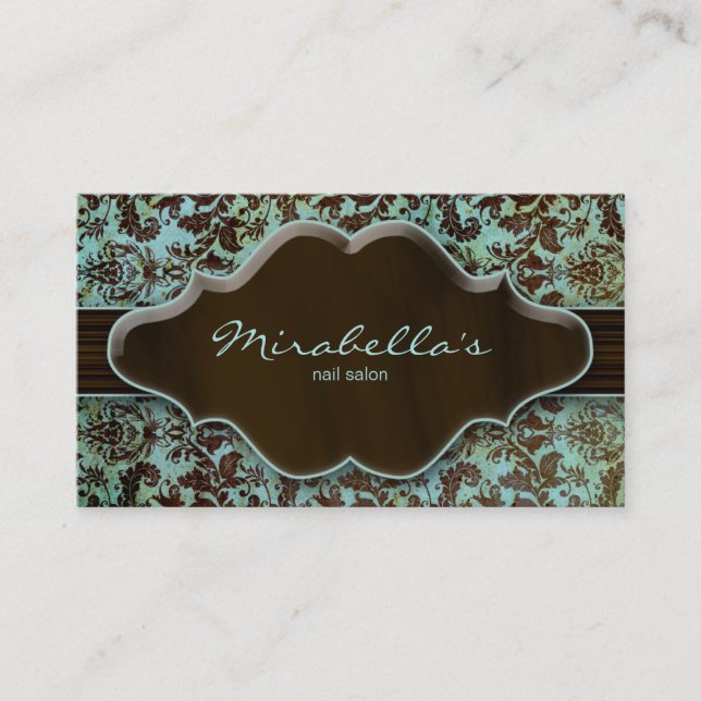 Flower Business Card Damask Blue Brown 2 (Front)