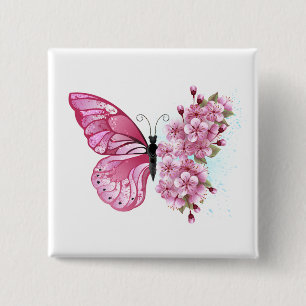 Flower Butterfly with Pink Sakura 15 Cm Square Badge