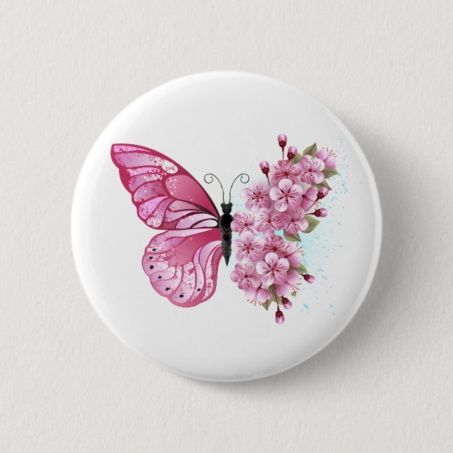 Flower Butterfly with Pink Sakura 6 Cm Round Badge (Front)
