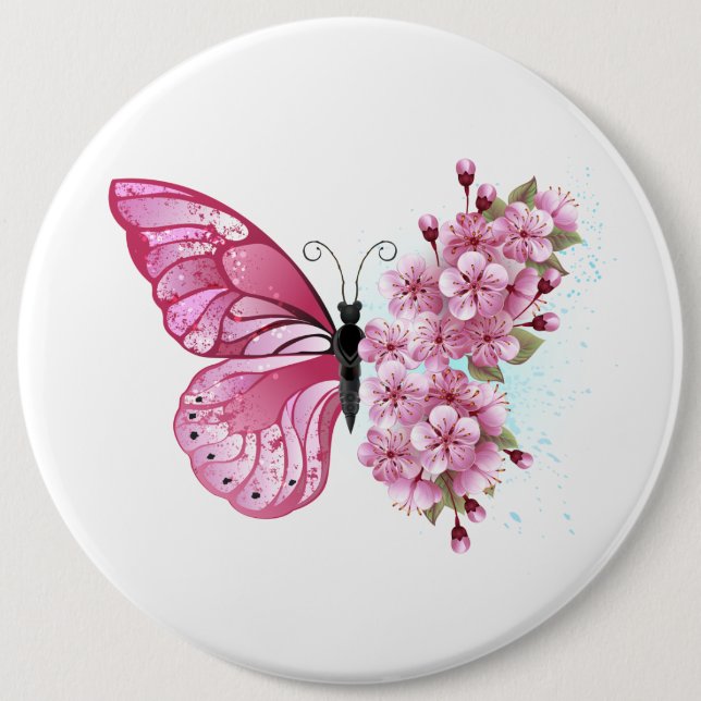 Flower Butterfly with Pink Sakura 6 Cm Round Badge (Front)