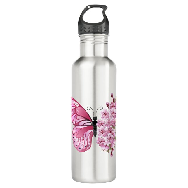 Flower Butterfly with Pink Sakura 710 Ml Water Bottle (Front)