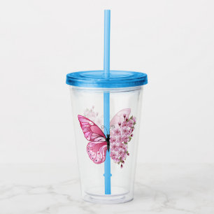 Flower Butterfly with Pink Sakura Acrylic Tumbler