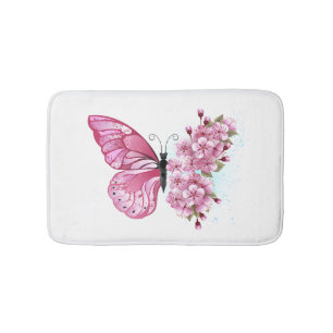 Flower Butterfly with Pink Sakura Bath Mat