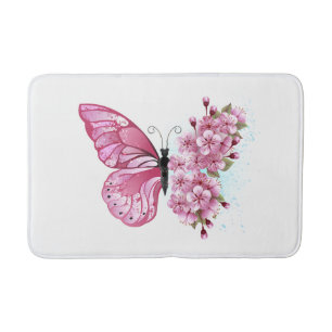 Flower Butterfly with Pink Sakura Bath Mat