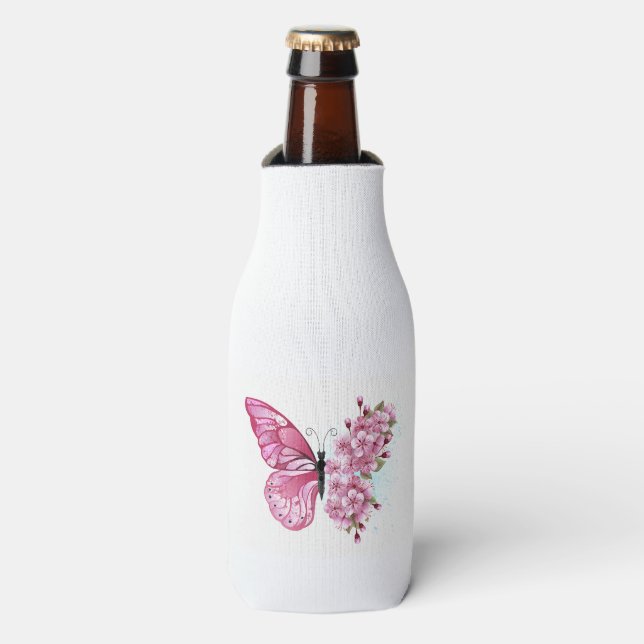 Flower Butterfly with Pink Sakura Bottle Cooler (Bottle Front)