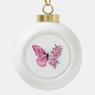 Flower Butterfly with Pink Sakura Ceramic Ball Christmas Ornament