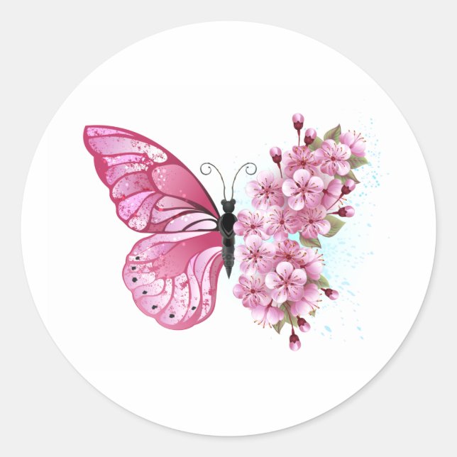 Flower Butterfly with Pink Sakura Classic Round Sticker (Front)