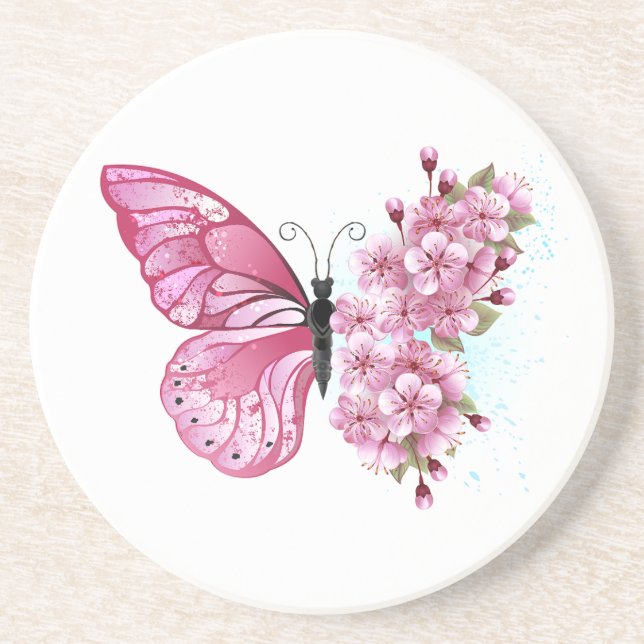 Flower Butterfly with Pink Sakura Coaster (Front)
