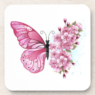 Flower Butterfly with Pink Sakura Coaster