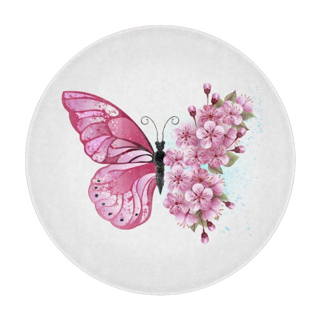 Flower Butterfly with Pink Sakura Cutting Board (Front)