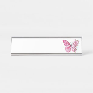 Flower Butterfly with Pink Sakura Desk Name Plate