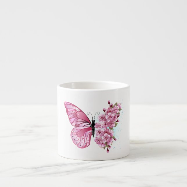 Flower Butterfly with Pink Sakura Espresso Cup (Front)