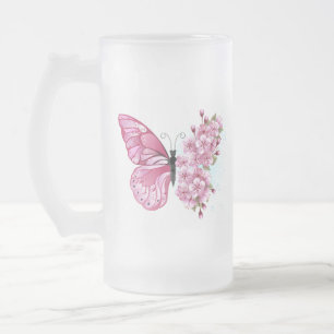 Flower Butterfly with Pink Sakura Frosted Glass Beer Mug
