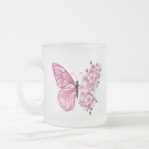 Flower Butterfly with Pink Sakura Frosted Glass Coffee Mug