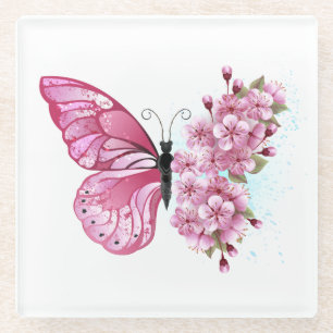 Flower Butterfly with Pink Sakura Glass Coaster