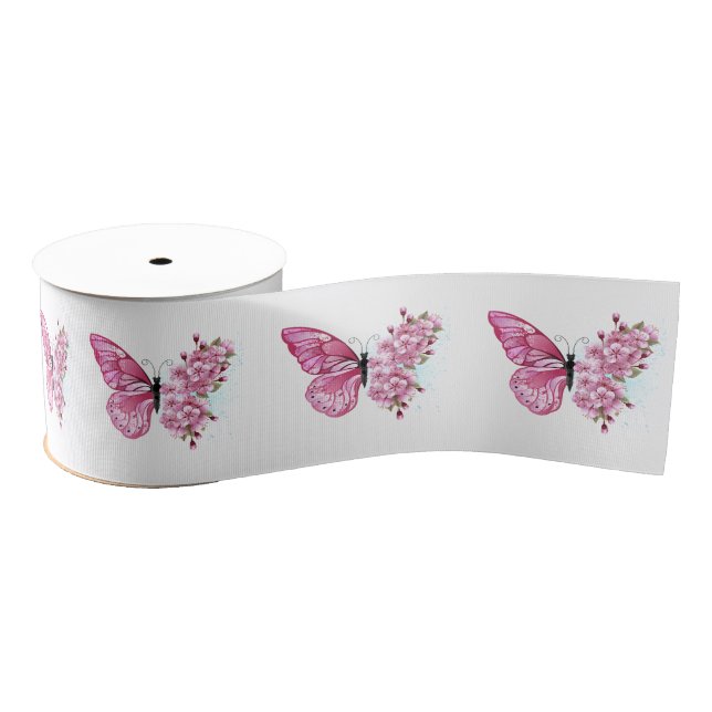 Flower Butterfly with Pink Sakura Grosgrain Ribbon (Spool)