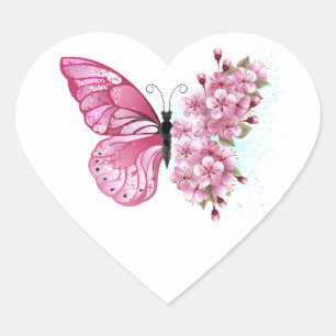 Flower Butterfly with Pink Sakura Heart Sticker