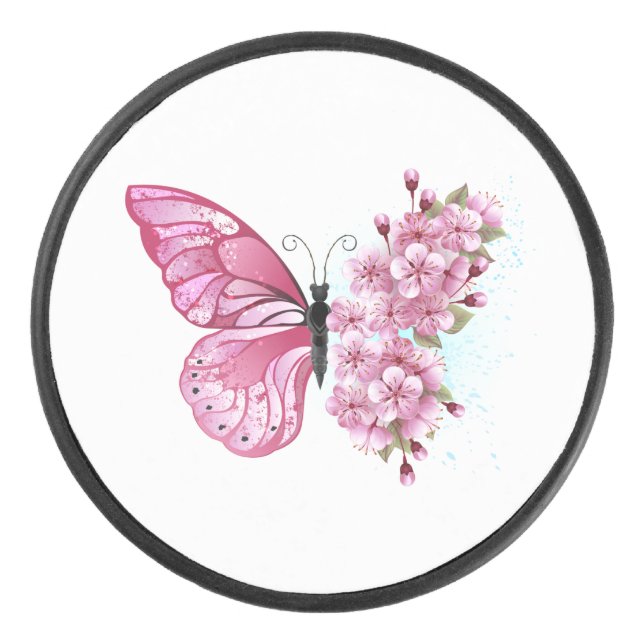 Flower Butterfly with Pink Sakura Hockey Puck (Front)