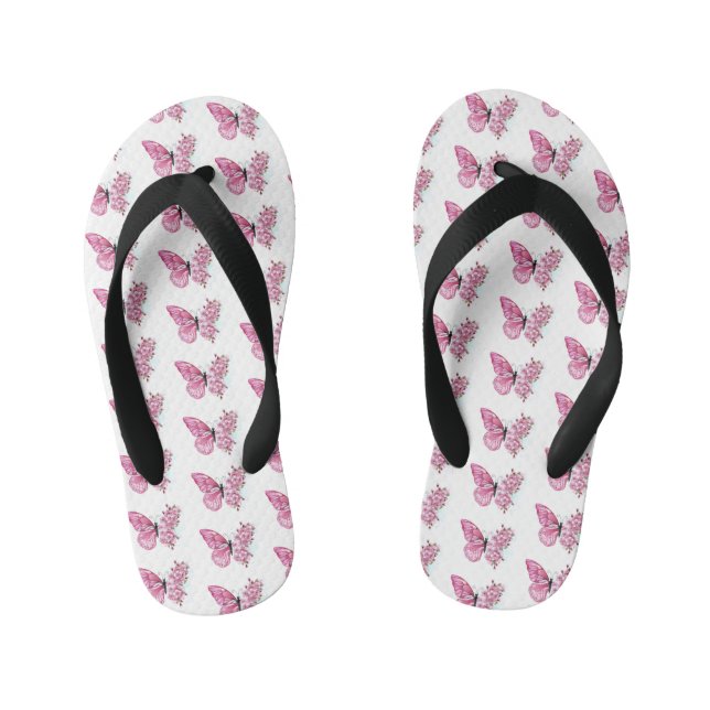 Flower Butterfly with Pink Sakura Kid's Flip Flops (Footbed)