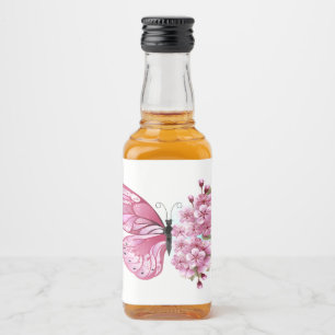 Flower Butterfly with Pink Sakura Liquor Bottle Label