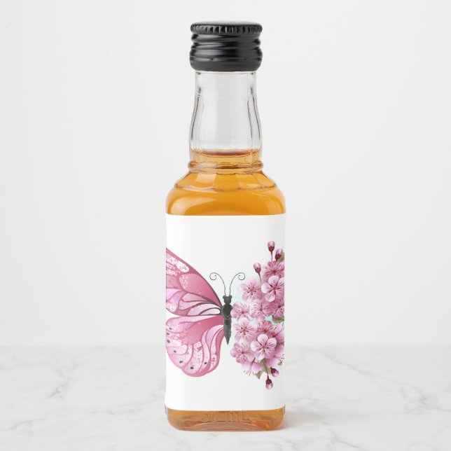 Flower Butterfly with Pink Sakura Liquor Bottle Label (Front)