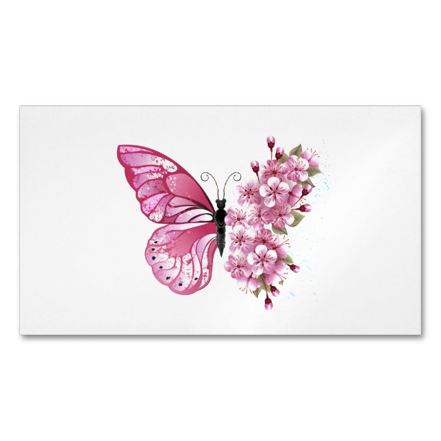 Flower Butterfly with Pink Sakura Magnetic Business Card (Front)