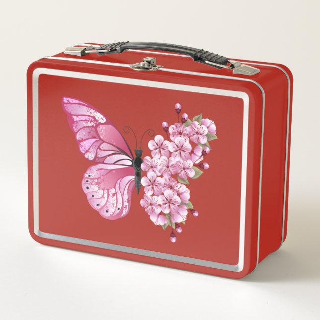 Flower Butterfly with Pink Sakura Metal Lunch Box (Front)