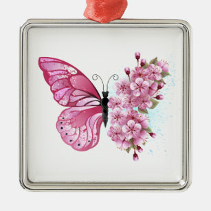 Flower Butterfly with Pink Sakura Metal Tree Decoration