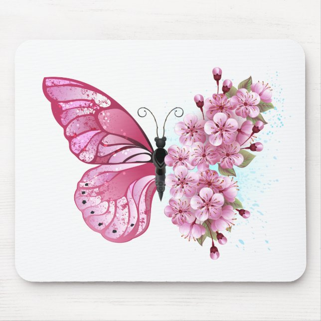 Flower Butterfly with Pink Sakura Mouse Mat (Front)