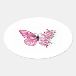 Flower Butterfly with Pink Sakura Oval Sticker