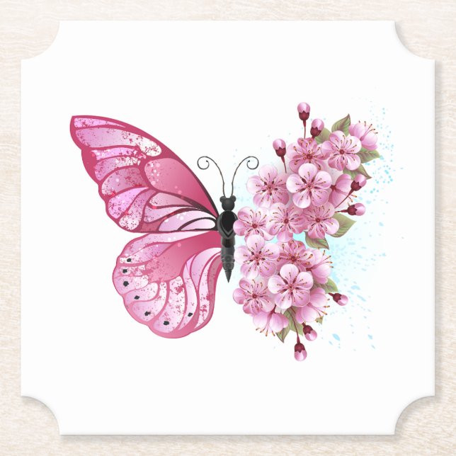 Flower Butterfly with Pink Sakura Paper Coaster (Front)