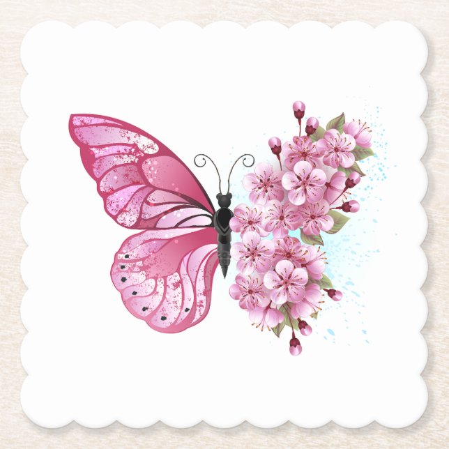Flower Butterfly with Pink Sakura Paper Coaster (Front)