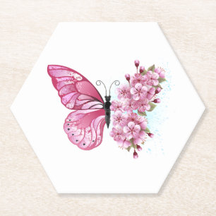 Flower Butterfly with Pink Sakura Paper Coaster