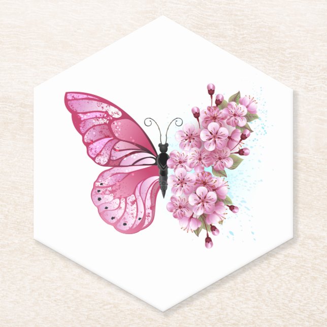 Flower Butterfly with Pink Sakura Paper Coaster (Front)