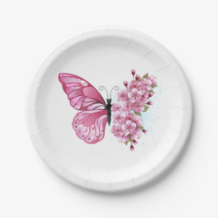 Flower Butterfly with Pink Sakura Paper Plate