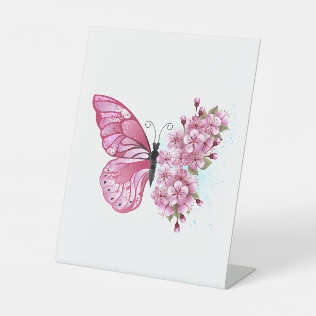 Flower Butterfly with Pink Sakura Pedestal Sign (Front)