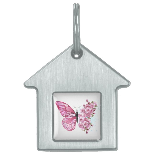 Flower Butterfly with Pink Sakura Pet ID Tag (Front)