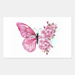 Flower Butterfly with Pink Sakura Rectangular Sticker