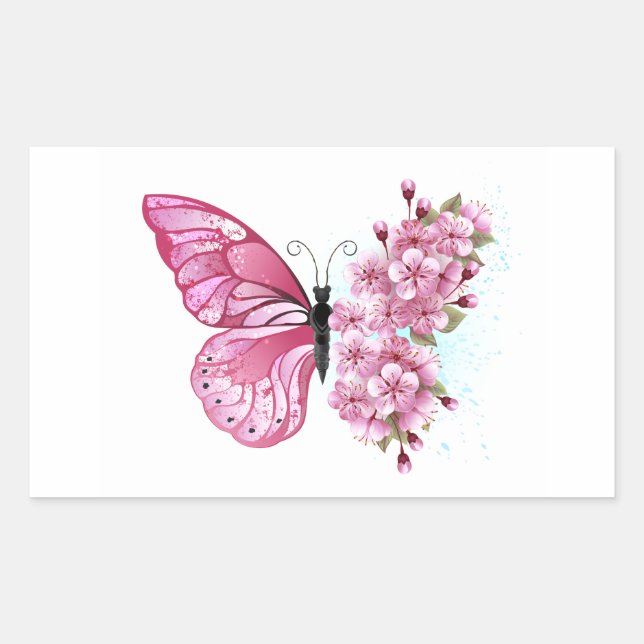 Flower Butterfly with Pink Sakura Rectangular Sticker (Front)