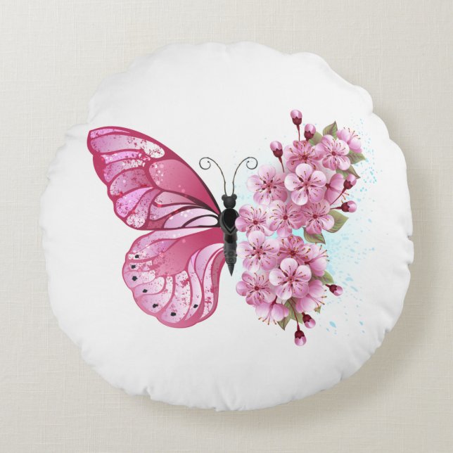 Flower Butterfly with Pink Sakura Round Cushion (Front)
